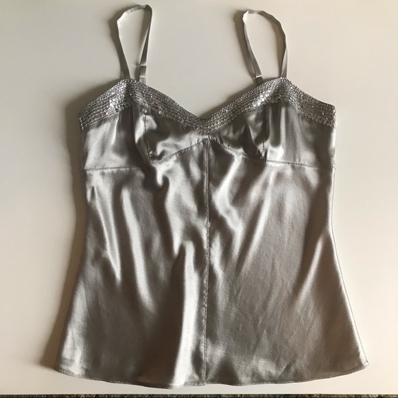 EXPRESS Silk Silver Tank with Sequins, Spaghetti Straps, Silvery Tank Top - Picture 6 of 13